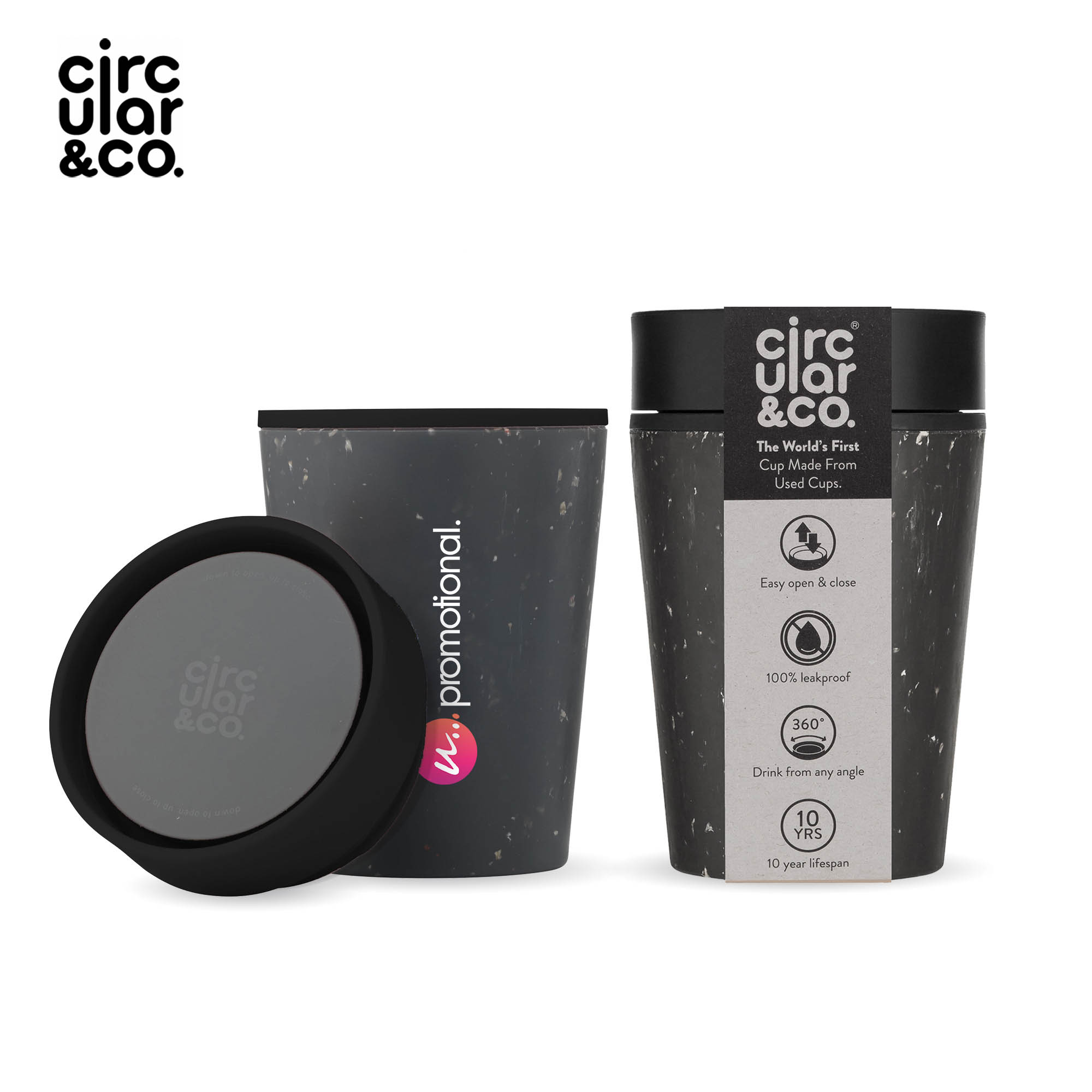 Tazza Circular&Co® Nera - 227 ml | Riciclato | Coperchio nero + colorato