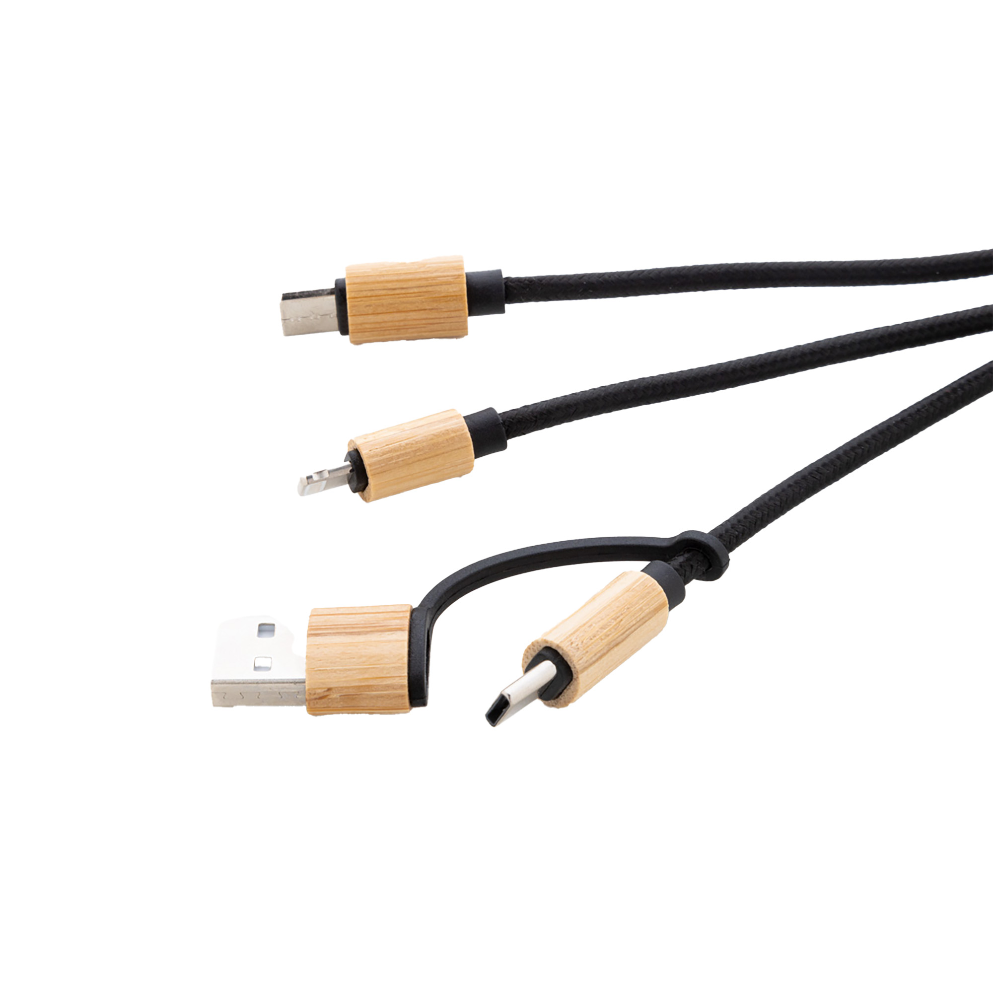 Mini Cavo di Ricarica USB – RPET & Bambù | Connettori 3-in-1 | Con Portachiavi