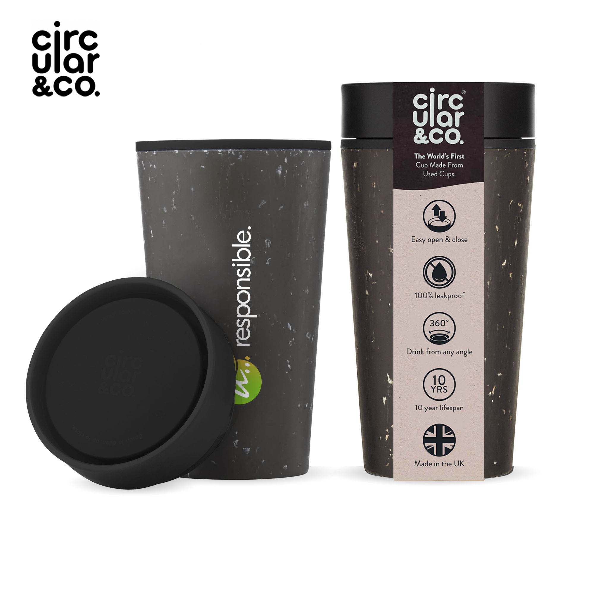Tazza Circular&Co® Nera - 340 ml | Riciclato | Coperchio nero + colorato