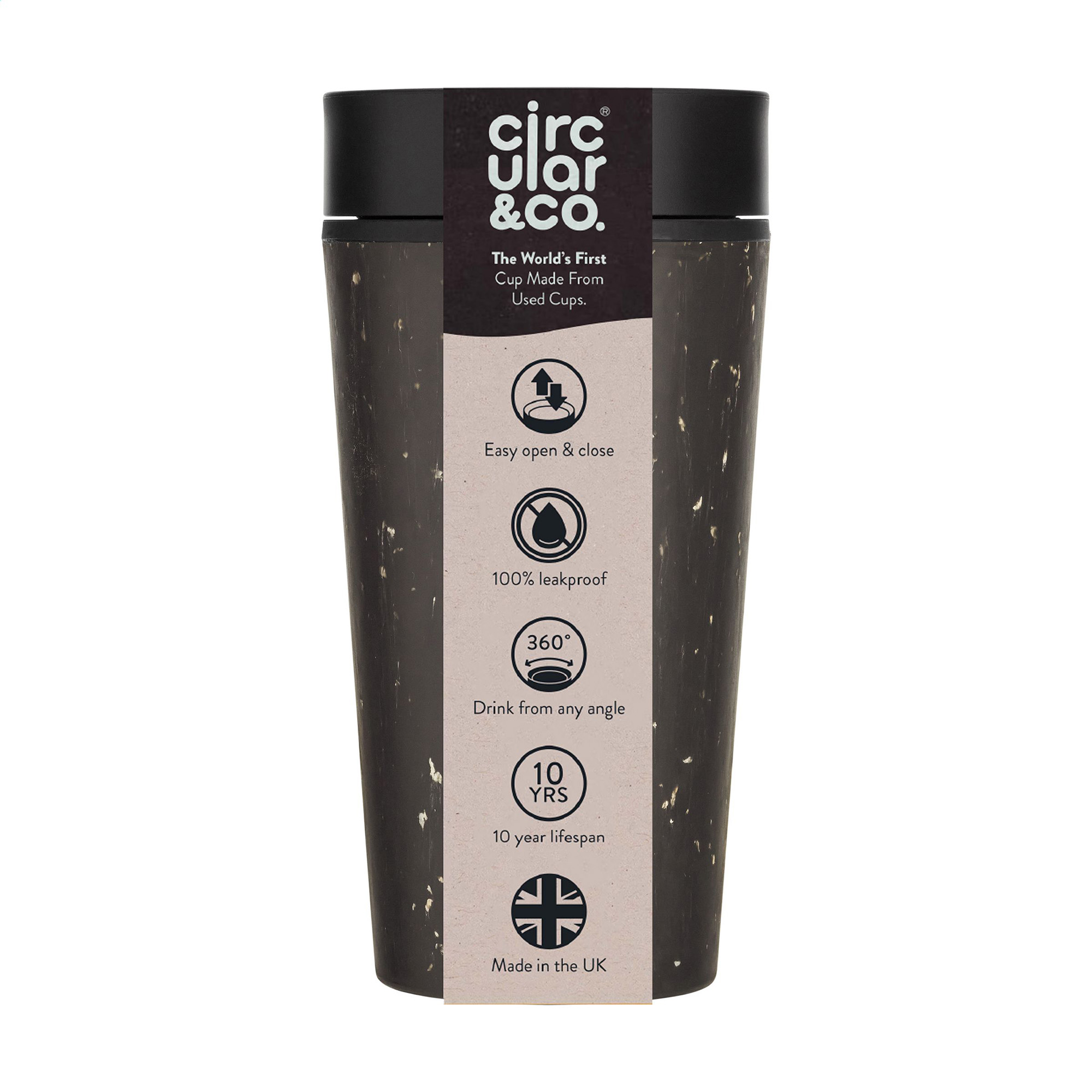Tazza Circular&Co® Nera - 340 ml | Riciclato | Coperchio nero + colorato