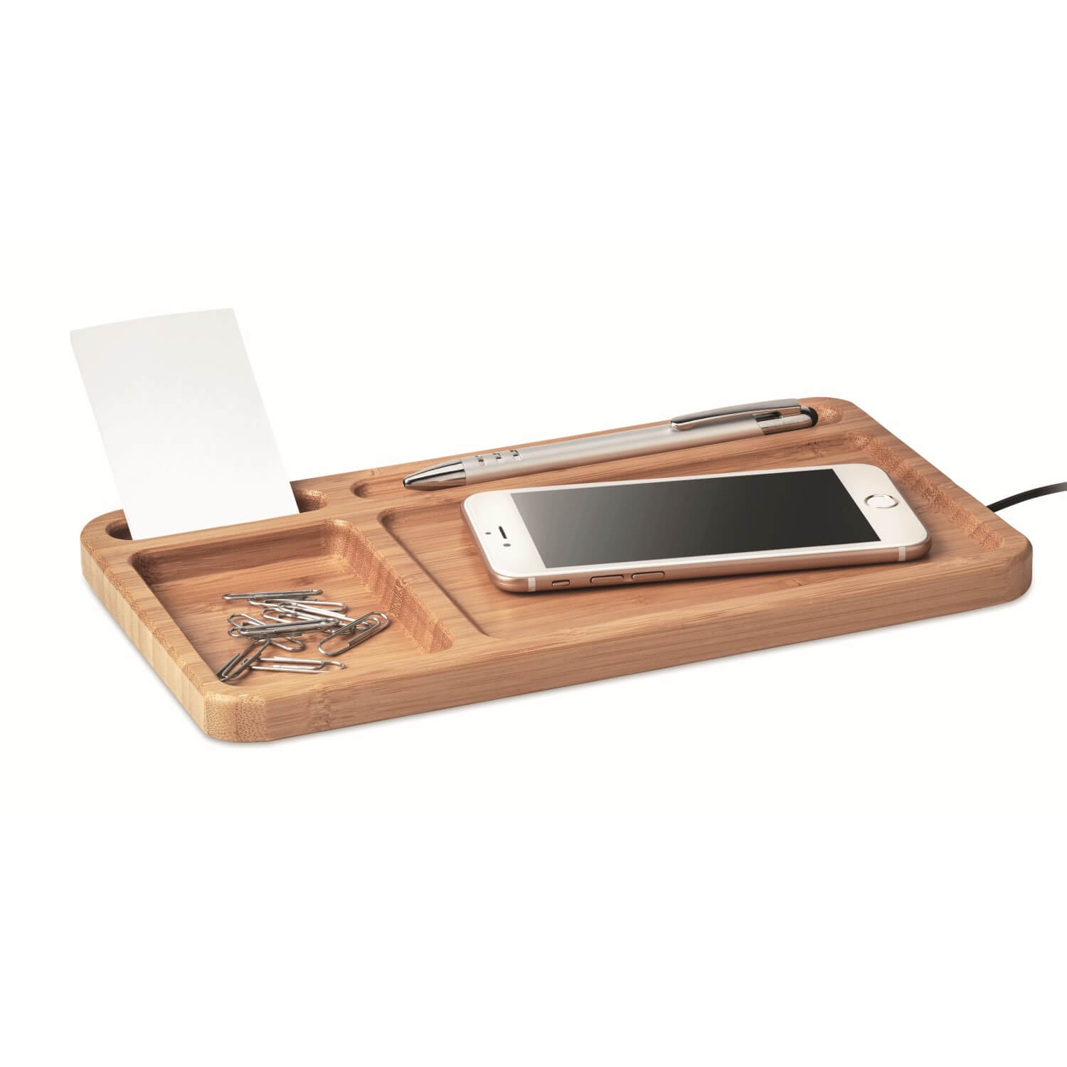Organizer da scrivania | Con caricatore wireless | Bambù