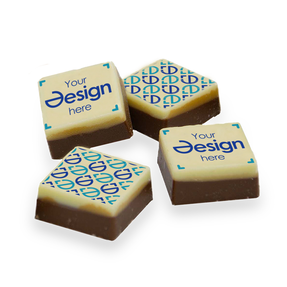 Logo cioccolato FiftyFifty | Bianco + cioccolato al latte | 25x25mm | Quadricromia